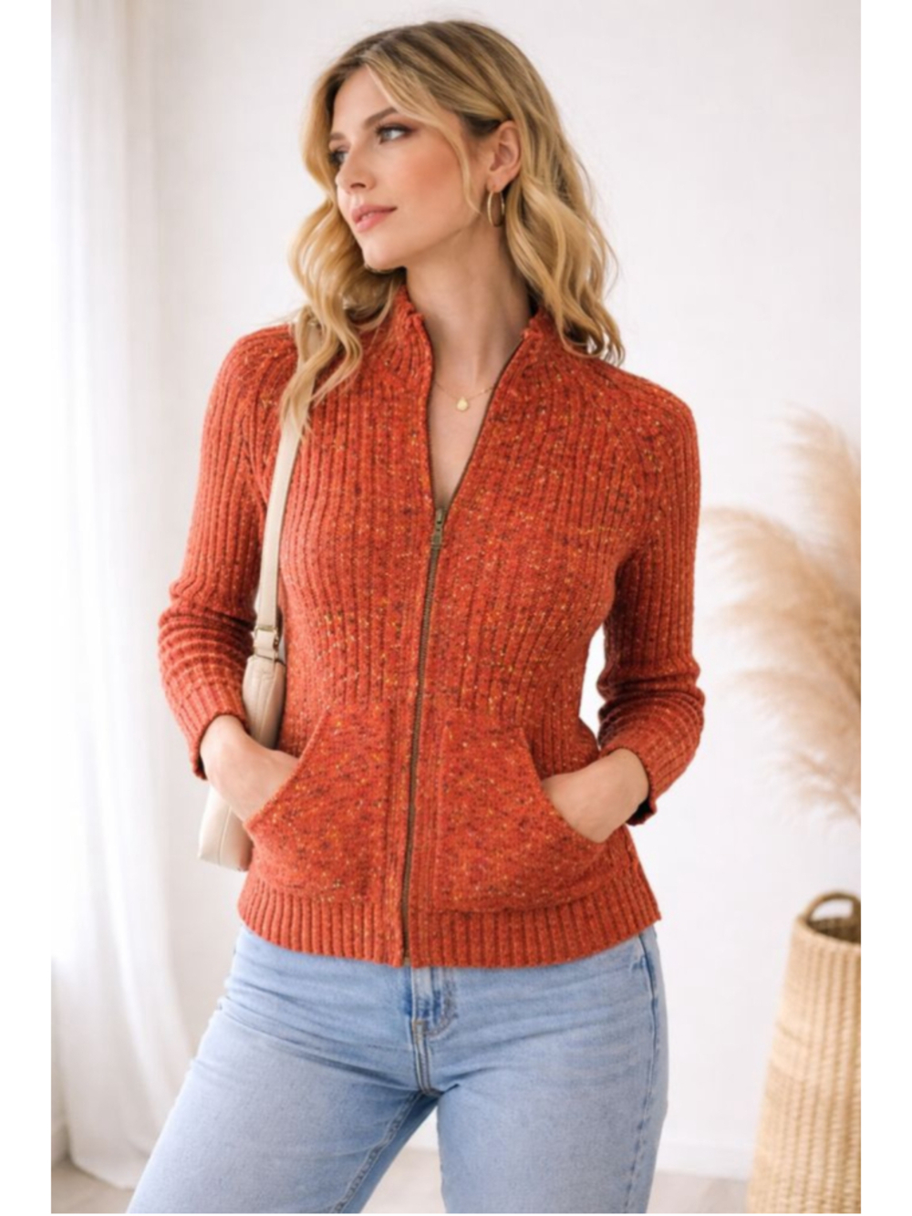 Liz Claiborne Petite Zip Front Knit Sweater Orange Speckled Ribbed Fitted 90s